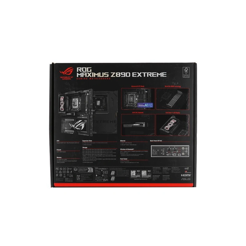 Материнская плата ASUS ROG MAXIMUS Z890 EXTREME (90MB1IA0-M0EAY0) 2 x кабель SATA, 2 x разветвитель ARGB, 2 x разветвитель для вентиляторов, Q-коннектор, антенна WiFi, держатель для вентилятора зоны ОЗУ, документация, комплект наклеек, крепеж для разъема 