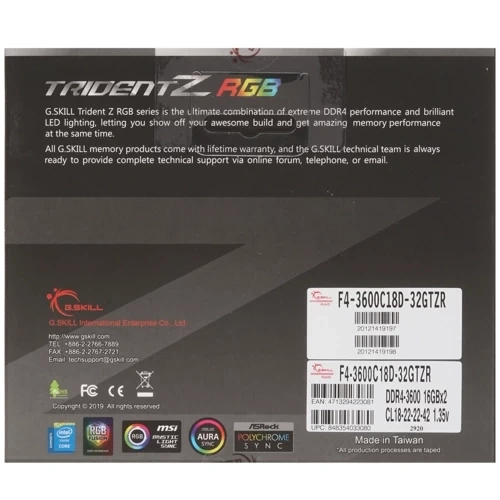 Оперативная память 32 Gb 3600 MHz G.Skill TRIDENT Z RGB (F4-3600C18D-32GTZR)