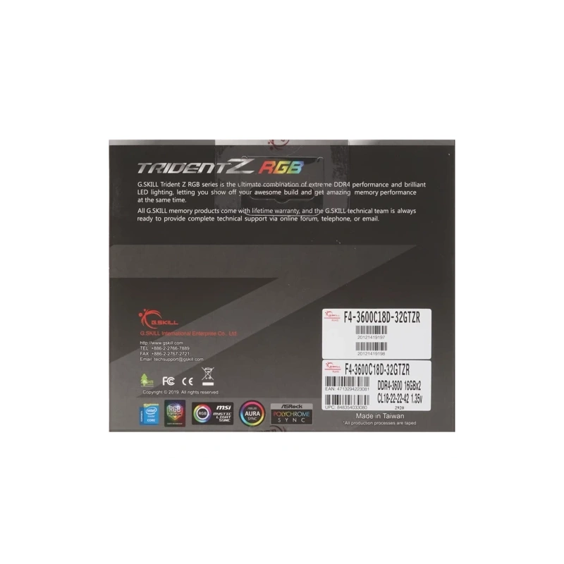Оперативная память 32 Gb 3600 MHz G.Skill TRIDENT Z RGB (F4-3600C18D-32GTZR)