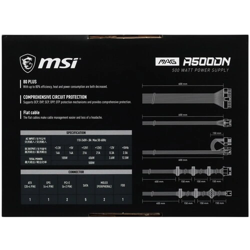 Блок питания MSI 500W MAG A500DN (306-7ZP6A11-809) документация