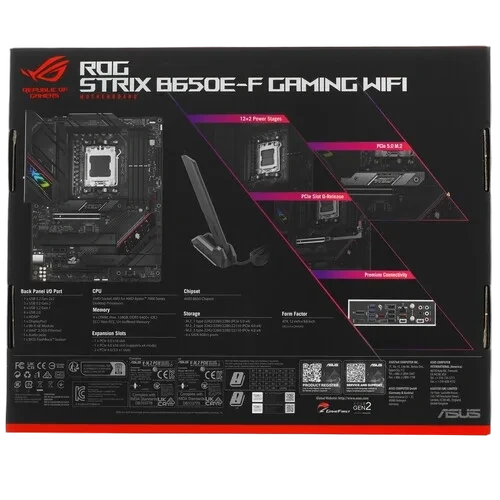 Материнская плата ASUS ROG STRIX B650E-F GAMING WIFI (90MB1BQ0-M0EAY0) 2 x кабель SATA, антенна Wi-Fi, брелок, документация, комплект наклеек, стяжки для кабелей