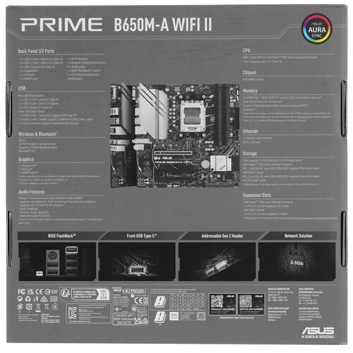 Материнская плата ASUS PRIME B650M-A WIFI II (90MB1EG0-M0EAY0) 2 x кабель SATA, антенна Wi-Fi, документация, задняя планка, крепеж для разъема M.2
