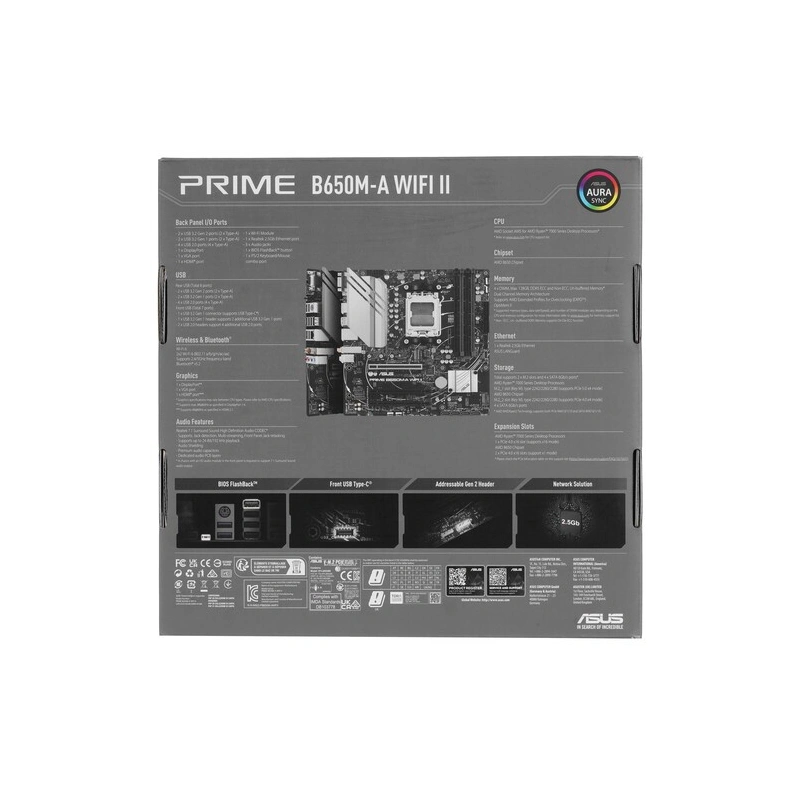 Материнская плата ASUS PRIME B650M-A WIFI II (90MB1EG0-M0EAY0) 2 x кабель SATA, антенна Wi-Fi, документация, задняя планка, крепеж для разъема M.2