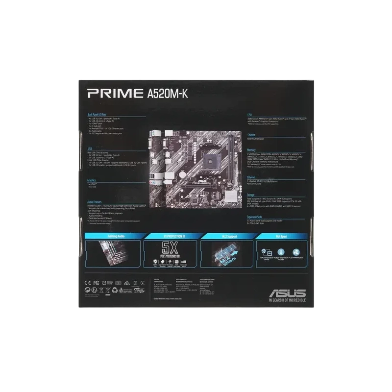 Материнская плата ASUS PRIME A520M-K x кабель SATA, диск с ПО, документация, задняя планка, крепеж для разъема M.2