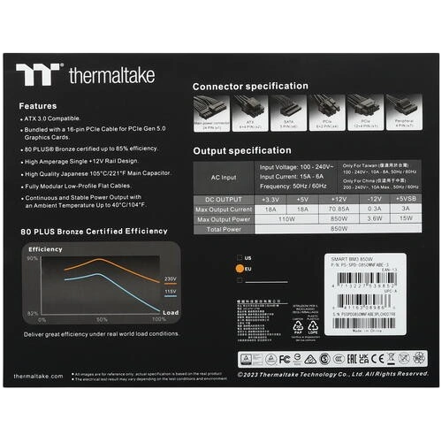 Блок питания Thermaltake 850W Smart BM3 0550 (PS-SPD-0850MNFABE-3) 16 Pin (PCIe 5.0 Connector Cable Details) документация, кабельные стяжки, комплект крепежа