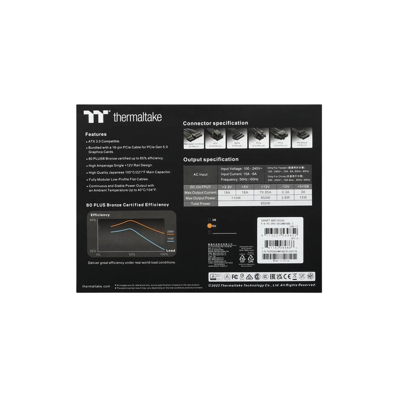 Блок питания Thermaltake 850W Smart BM3 0550 (PS-SPD-0850MNFABE-3) 16 Pin (PCIe 5.0 Connector Cable Details) документация, кабельные стяжки, комплект крепежа