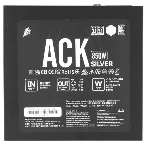 Блок питания 1STPLAYER 850W ACK SILVER Black (HA-850BA7-BK) 16 Pin (PCIe 5.0 Connector Cable Details) документация, комплект крепежа