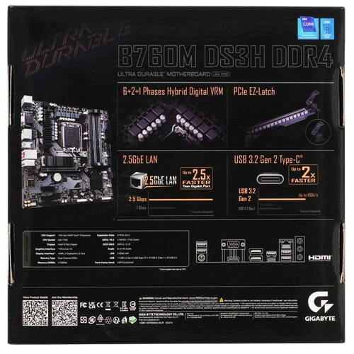 Материнская плата Gigabyte B760M DS3H DDR4 2 x кабель SATA, документация, задняя планка