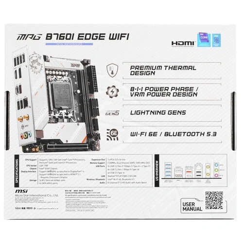 Материнская плата MSI MPG B760I EDGE WIFI антенна Wi-Fi, документация, кабель SATA, комплект наклеек, крепеж для разъема M.2, удлинитель для RGB