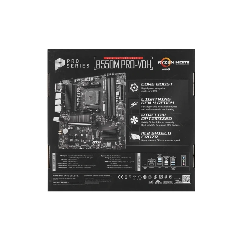 Материнская плата MSI B550M PRO-VDH 2 x кабель SATA, документация, задняя планка