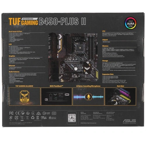 Материнская плата ASUS TUF GAMING B450-PLUS II 2 x кабель SATA, диск с ПО, документация, задняя планка, крепеж для разъема M.2