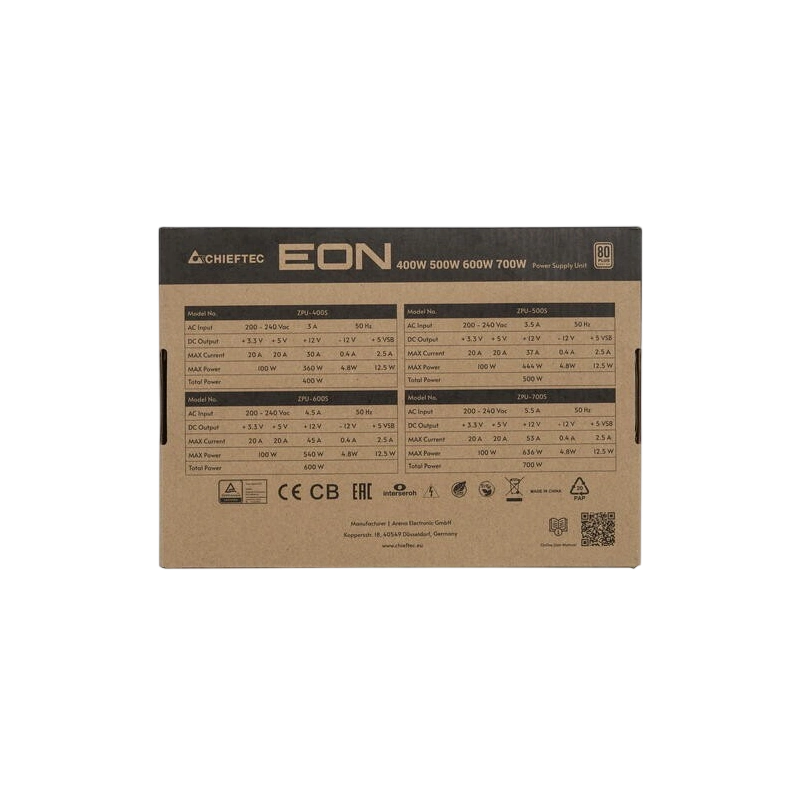 Блок питания Chieftec 700W Eon Black (ZPU-700S) документация, комплект крепежа