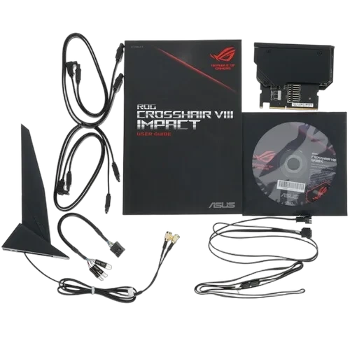 Материнская плата ASUS ROG CROSSHAIR VIII IMPACT 4 x кабель SATA, антенна Wi-Fi, диск с ПО, модуль SO-DIMM.2, удлинитель для ARGB, удлинитель для RGB