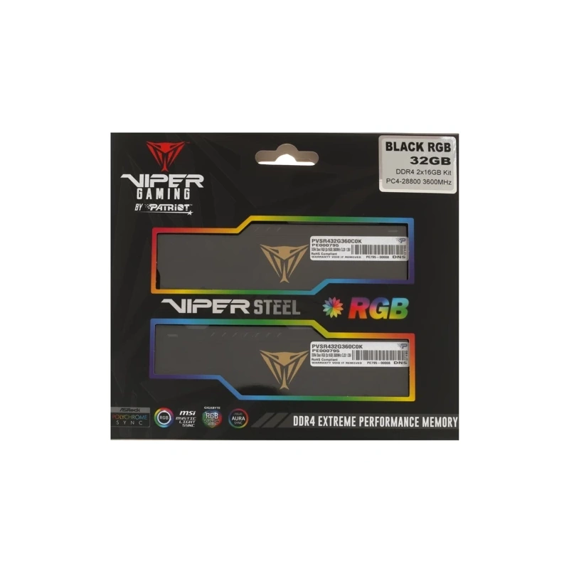 Оперативная память 32 Gb 3600 MHz PATRIOT VIPER STEEL RGB (PVSR432G360C0K)