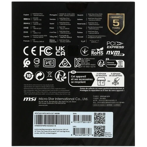 Твердотельный накопитель MSI 240 Gb SPATIUM S270 (S78-440N070-P83) BOX