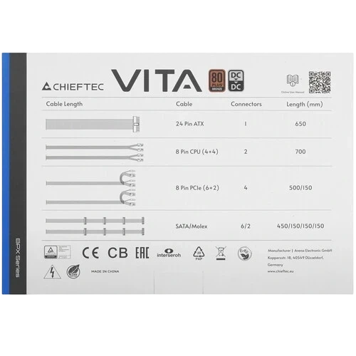 Блок питания Chieftec 850W Vita Black (BPX-850S) документация, комплект крепежа