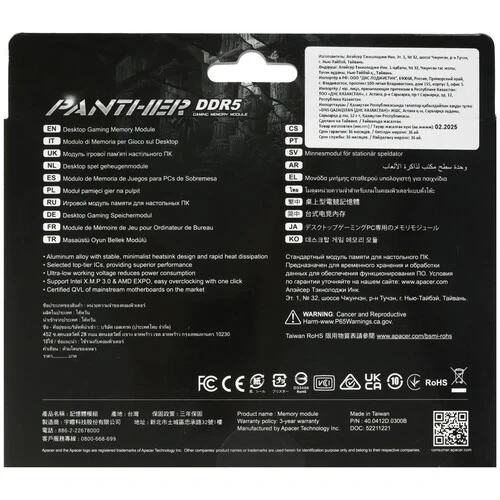 Оперативная память 16 Gb 6000 MHz Apacer Panther OC Black/White (AH5U16G60C6227BAA-1)