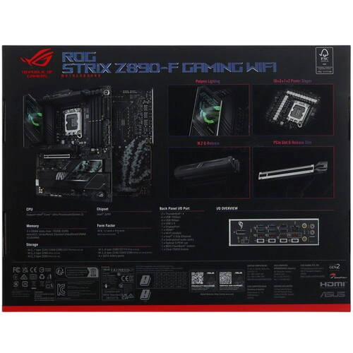 Материнская плата ASUS ROG STRIX Z890-F GAMING WIFI (90MB1I40-M0EAY0) 2 x кабель SATA, антенна WiFi, брелок, документация, комплект наклеек, стяжки для кабелей