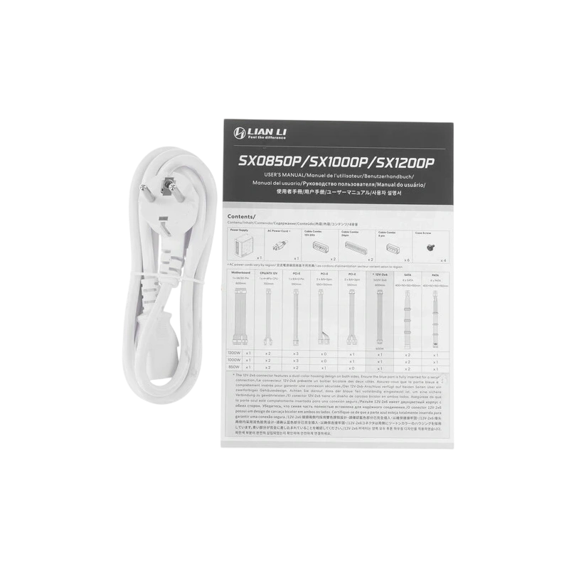 Блок питания Lian Li 1000W SX1000P White (G9P.SX1000P.W000.RU) 16 Pin (PCIe 5.1 Connector Cable Details) документация, кабельные стяжки, комплект кабелей, комплект крепежа