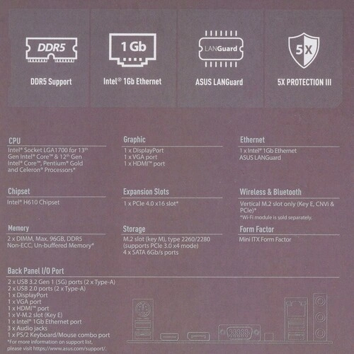 Материнская плата ASUS PRIME H610I-PLUS-CSM (90MB1GB0-M0EAYC) 2 x кабель SATA, документация, задняя планка, скоба для вертикальной фиксации M.2 накопителя