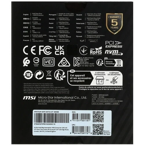 Твердотельный накопитель MSI 240 Gb SPATIUM S270 (S78-440N060-P83) OEM