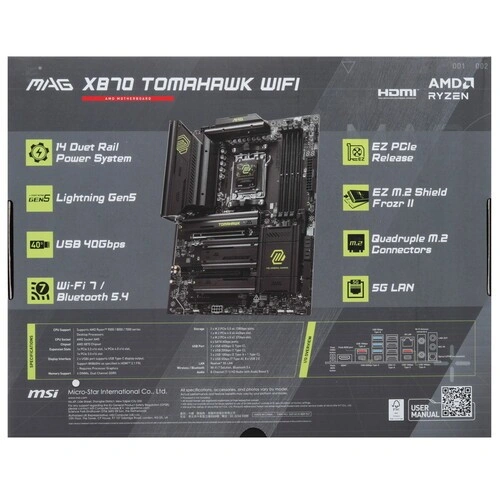 Материнская плата MSI MAG X870 TOMAHAWK WIFI 2 x кабель SATA, документация, комплект наклеек, крепеж для разъема M.2, флешка с ПО