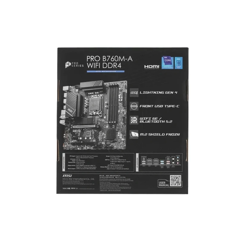 Материнская плата MSI PRO B760M-A WIFI DDR4 антенна Wi-Fi, документация, задняя планка, кабель SATA, крепеж для разъема M.2