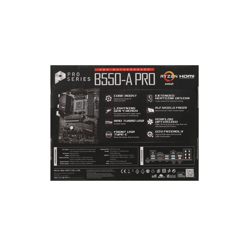 Материнская плата MSI B550-A PRO 2 x кабель SATA, диск с ПО, документация, задняя планка