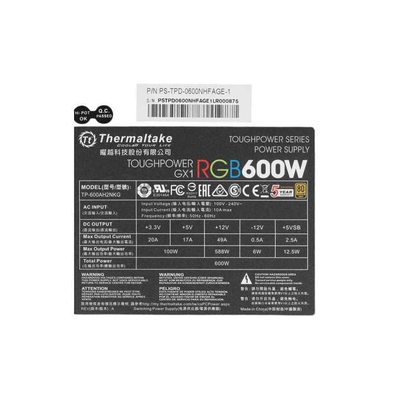 Блок питания Thermaltake 600W TOUGHPOWER GX1 RGB 600 (PS-TPD-0600NHFAGE-1) документация, кабельные стяжки, комплект крепежа
