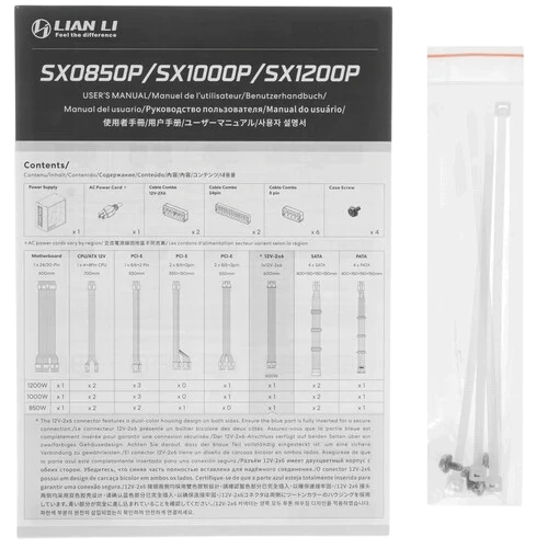 Блок питания Lian Li 850W SX0850P White (G9P.SX0850P.W000.RU) 16 Pin (PCIe 5.1 Connector Cable Details) документация, кабельные стяжки, комплект кабелей