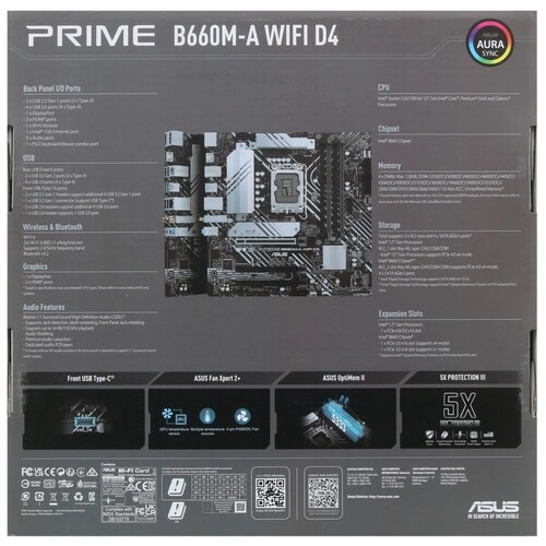 Материнская плата ASUS PRIME B660M-A WIFI D4 (90MB1AE0-M1EAY0) 2 x кабель SATA, антенна Wi-Fi, диск с ПО, документация, задняя планка