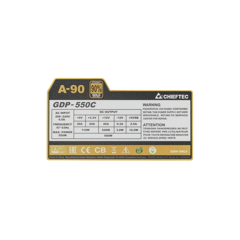 Блок питания Chieftec 550W A-90 (GDP-550C) документация, комплект кабелей, комплект крепежа