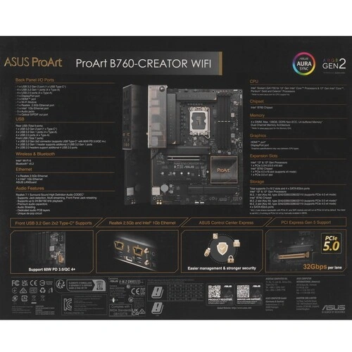 Материнская плата ASUS PROART B760-CREATOR WIFI (90MB1FY0-M0EAY0) 2 x кабель SATA, антенна Wi-Fi, документация, колодка для подключения фронтальной панели