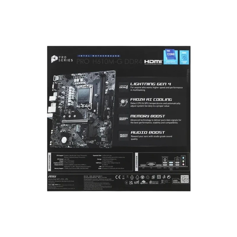 Материнская плата MSI PRO H610M-G DDR4 2 x кабель SATA, диск с ПО, документация, задняя планка