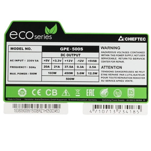 Блок питания Chieftec 500W ECO (GPE-500S) документация, комплект крепежа