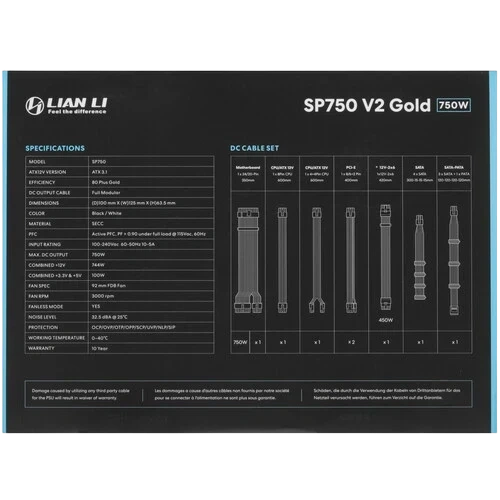 Блок питания Lian Li 750W SP750 V2 White (G9P.SP0750G.W000.RU) 16 Pin (PCIe 5.1 Connector Cable Details) документация, кабельные стяжки, комплект кабелей, комплект крепежа