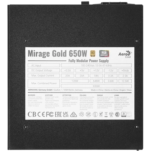 Блок питания Aerocool 650W Mirage Gold ARGB (4711099472581) документация, комплект кабелей