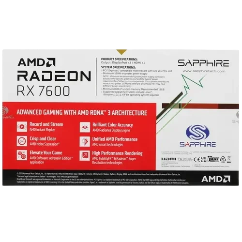 Видеокарта Sapphire (11324-01-20G) Radeon RX 7600 8GB PULSE
