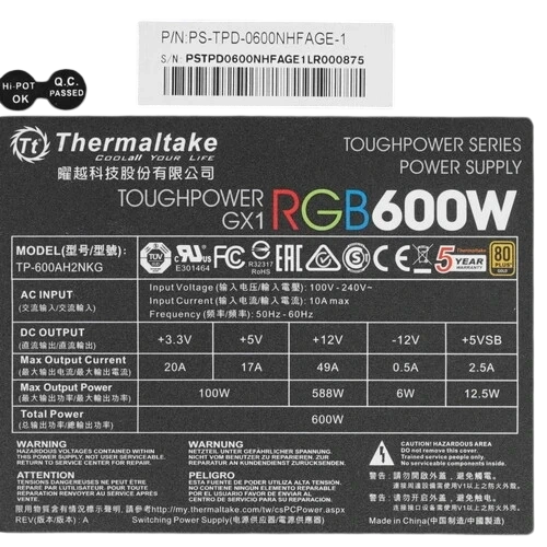 Блок питания Thermaltake 600W TOUGHPOWER GX1 RGB 600 (PS-TPD-0600NHFAGE-1)