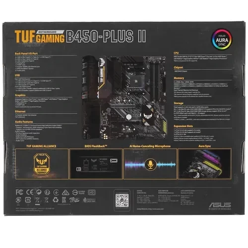 Материнская плата ASUS TUF GAMING B450-PLUS II 2 x кабель SATA, диск с ПО, документация, задняя планка, крепеж для разъема M.2