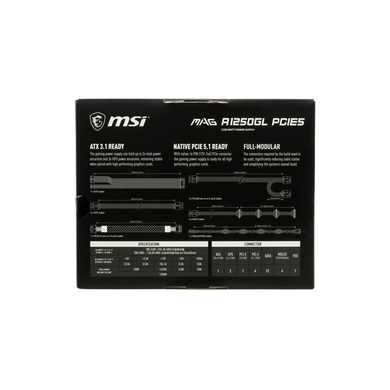 Блок питания MSI 1250W MAG A1250GL (306-7ZP9A11-CE0) 16 Pin (PCIe 5.0 Connector Cable Details)