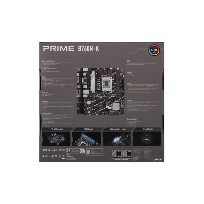 Материнская плата ASUS PRIME B760M-K (90MB1FI0-M1EAY0) 2 x кабель SATA, документация, задняя планка