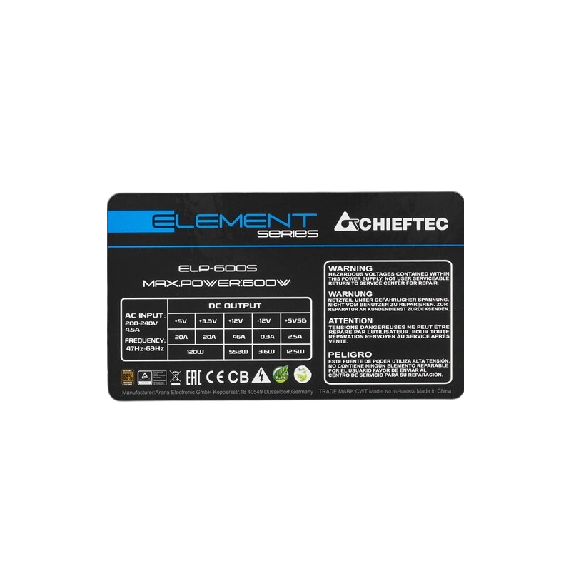 Блок питания Chieftec 600W ELEMENT (ELP-600S) документация