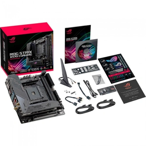 Материнская плата ASUS ROG STRIX X570-I GAMING 4 x кабель SATA, антенна Wi-Fi, диск с ПО, документация, задняя планка, удлинитель для ARGB