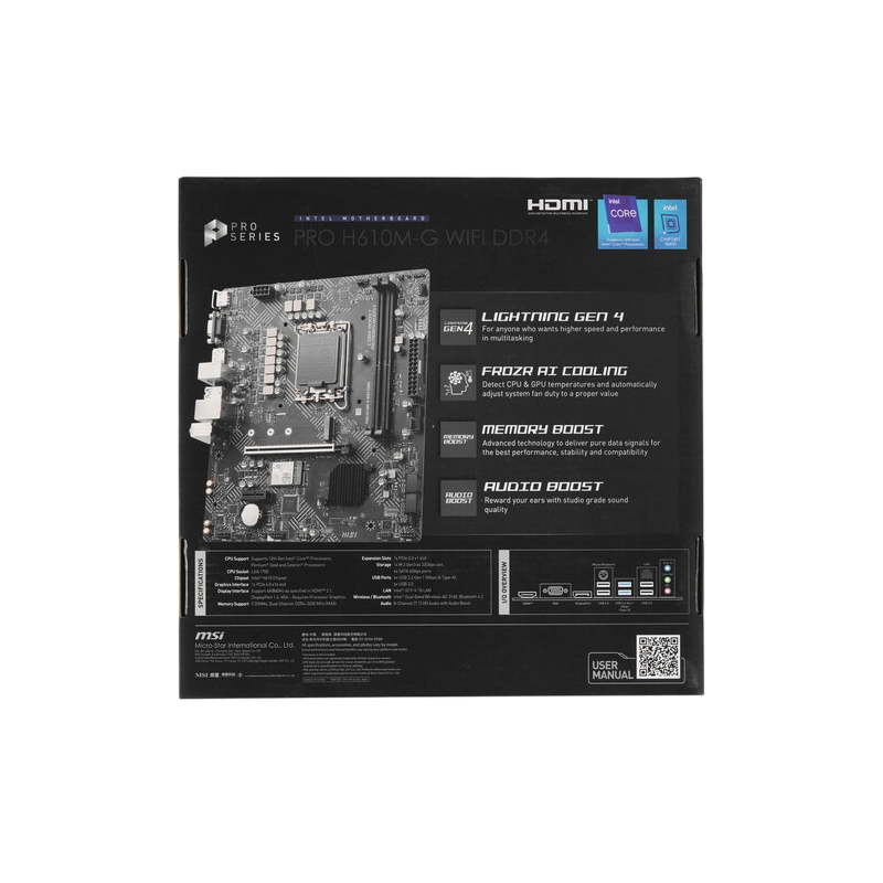 Материнская плата MSI PRO H610M-G WIFI DDR4 2 x кабель SATA, антенна Wi-Fi, диск с ПО, документация, задняя планка, крепеж для разъема M.2
