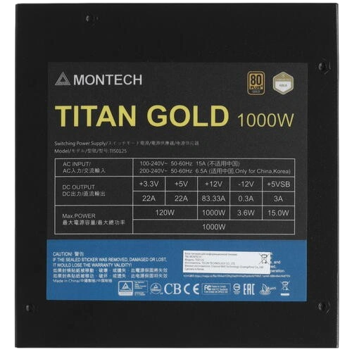 Блок питания Montech 1000W TITAN GOLD Black (TIS0125) 16 Pin (PCIe 5.0 Connector Cable Details) документация, комплект кабелей, чехол