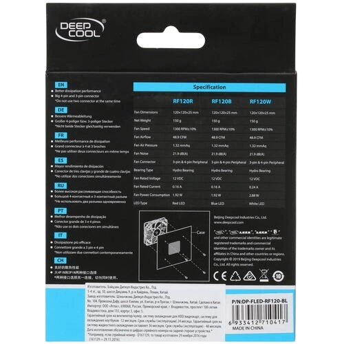 Вентилятор для корпуса Deepcool RF120B LED Blue DP-FLED-RF120-BL документация, комплект крепежа