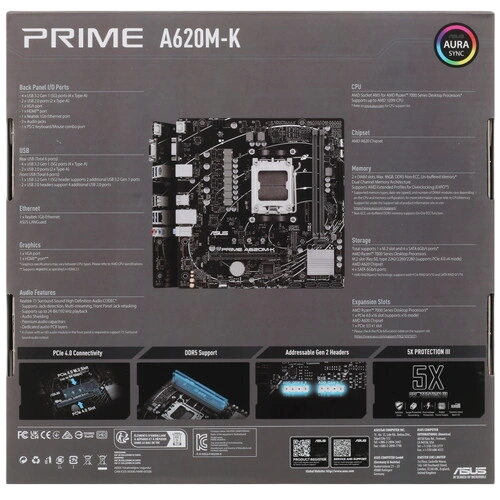 Материнская плата ASUS PRIME A620M-K (90MB1F40-M0EAY0) x кабель SATA, документация, задняя планка
