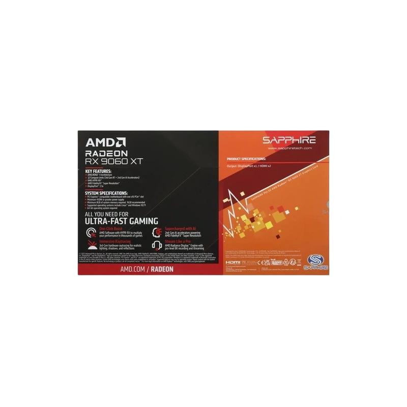 Видеокарта Sapphire (11350-04-20G) Radeon RX 9060 XT 8GB PULSE OC