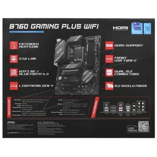 Материнская плата MSI B760 GAMING PLUS WIFI антенна Wi-Fi, документация, задняя планка, кабель SATA